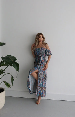 Rochie maxi Supreme pentru femei, cu mânecă scurtă, decolteu Madonna, cu volane și crăpătură în talie, 34685