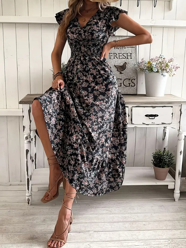 Rochie damă, cu mânecă scurtă, decolteu petrecut, elastic în talie și imprimeu floral, 35770