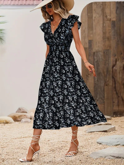 Rochie de damă cu mânecă scurtă, cu decolteu petrecut, elastic în talie și imprimeu floral, 36512