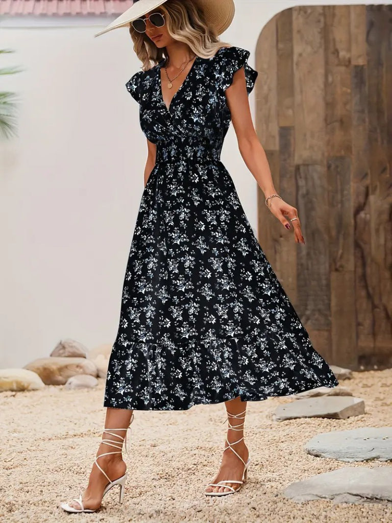 Rochie de damă cu mânecă scurtă, cu decolteu petrecut, elastic în talie și imprimeu floral, 36512