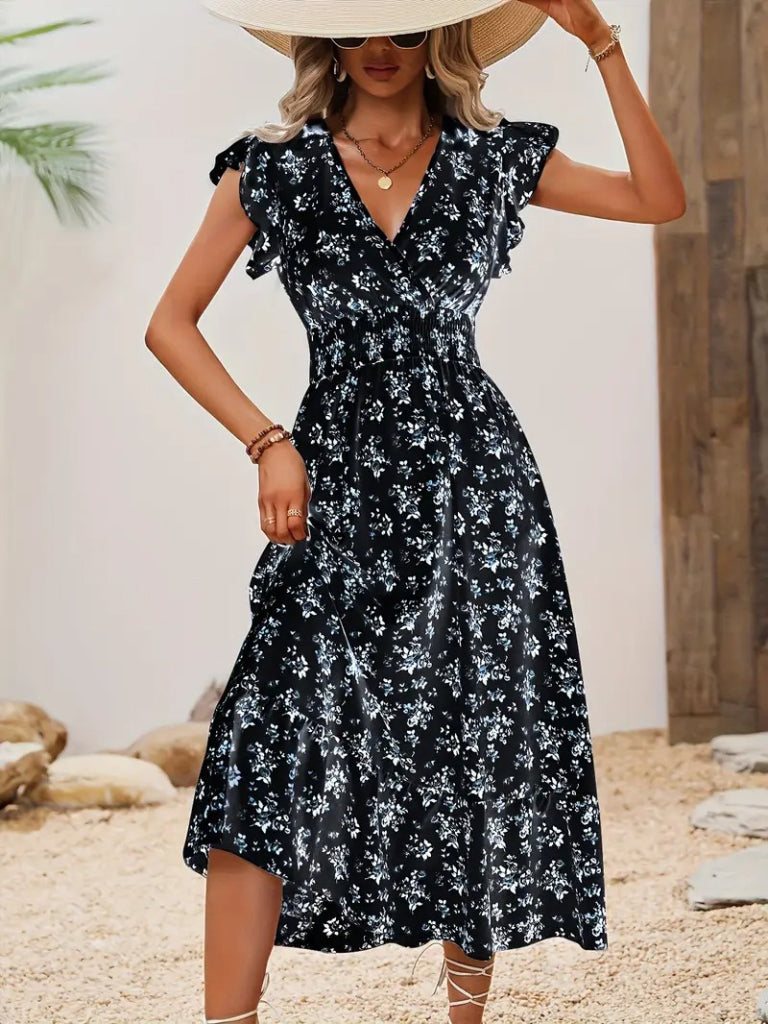 Rochie de damă cu mânecă scurtă, cu decolteu petrecut, elastic în talie și imprimeu floral, 36512