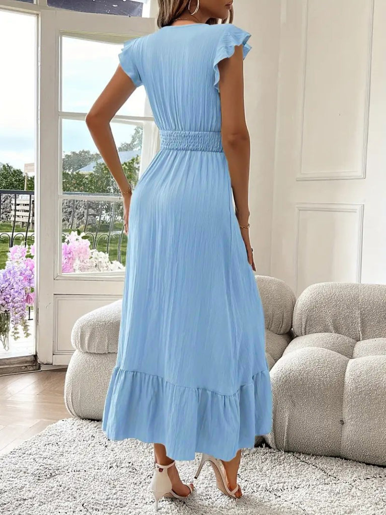 Women's Short Sleeve Wrap Neck Elasticated Waist Muslin Dress, 32644