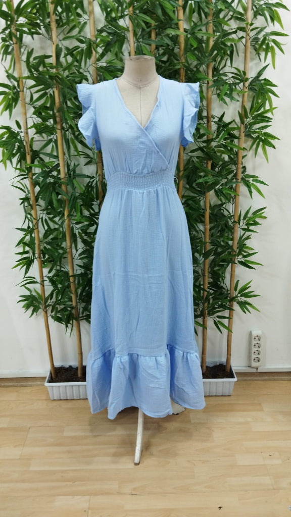 Women's Short Sleeve Wrap Neck Elasticated Waist Muslin Dress, 32644