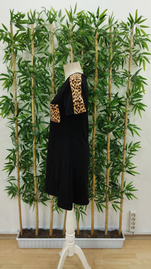 Kadın Kısa Kollu Yuvarlak Yaka Cepli Leopar Desen Detaylı Viskon Elbise , 27278