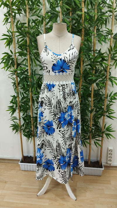 Rochie maxi damă, din suprafin, cu bretele subțiri, decolteu în V, guipure în talie, model floral și șliț lateral, 33367