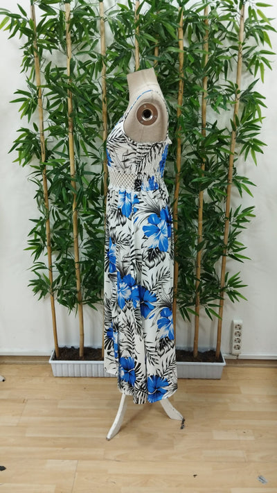 Rochie maxi damă, din suprafin, cu bretele subțiri, decolteu în V, guipure în talie, model floral și șliț lateral, 33367