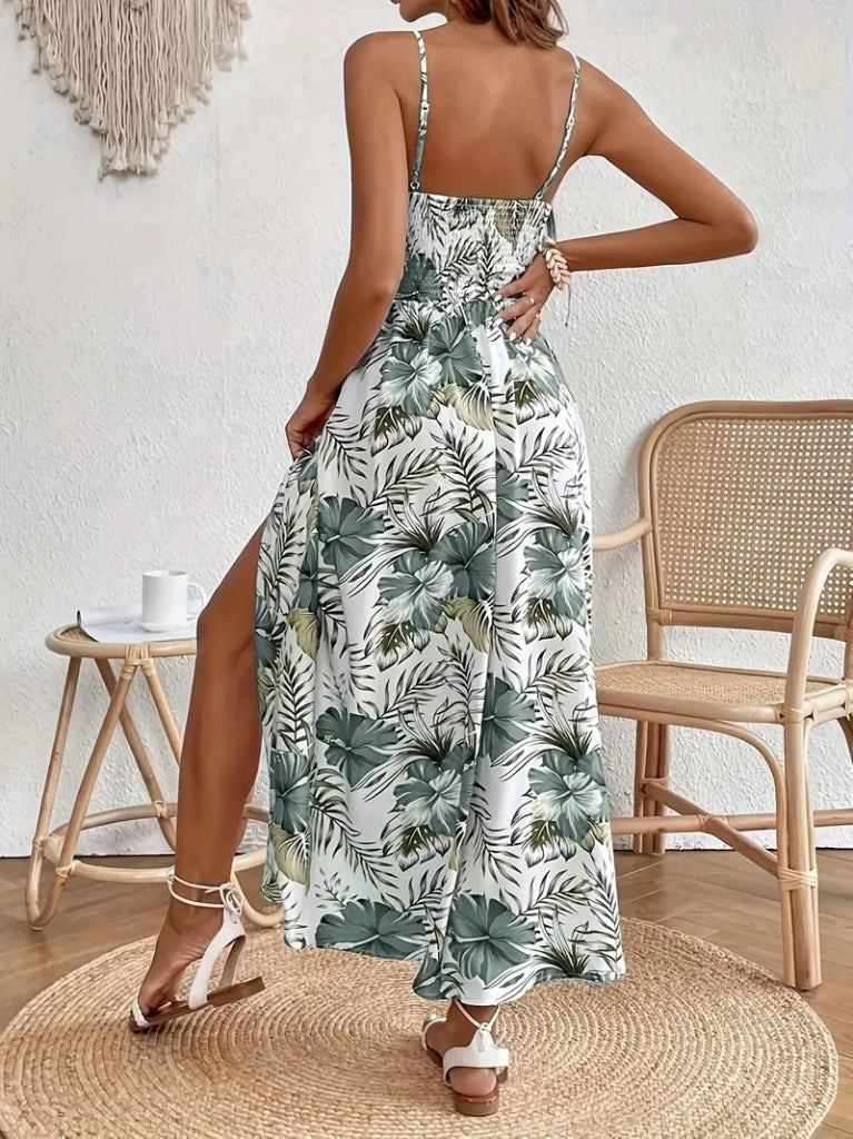 Rochie maxi din jerseu, pentru femei, cu bretele subțiri, decolteu în V, talie cu dantelă, imprimeu floral și crăpătură laterală, 35585