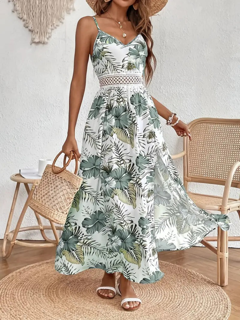 Rochie maxi din jerseu, pentru femei, cu bretele subțiri, decolteu în V, talie cu dantelă, imprimeu floral și crăpătură laterală, 35585