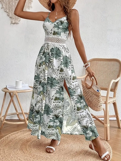 Rochie maxi din jerseu, pentru femei, cu bretele subțiri, decolteu în V, talie cu dantelă, imprimeu floral și crăpătură laterală, 35585