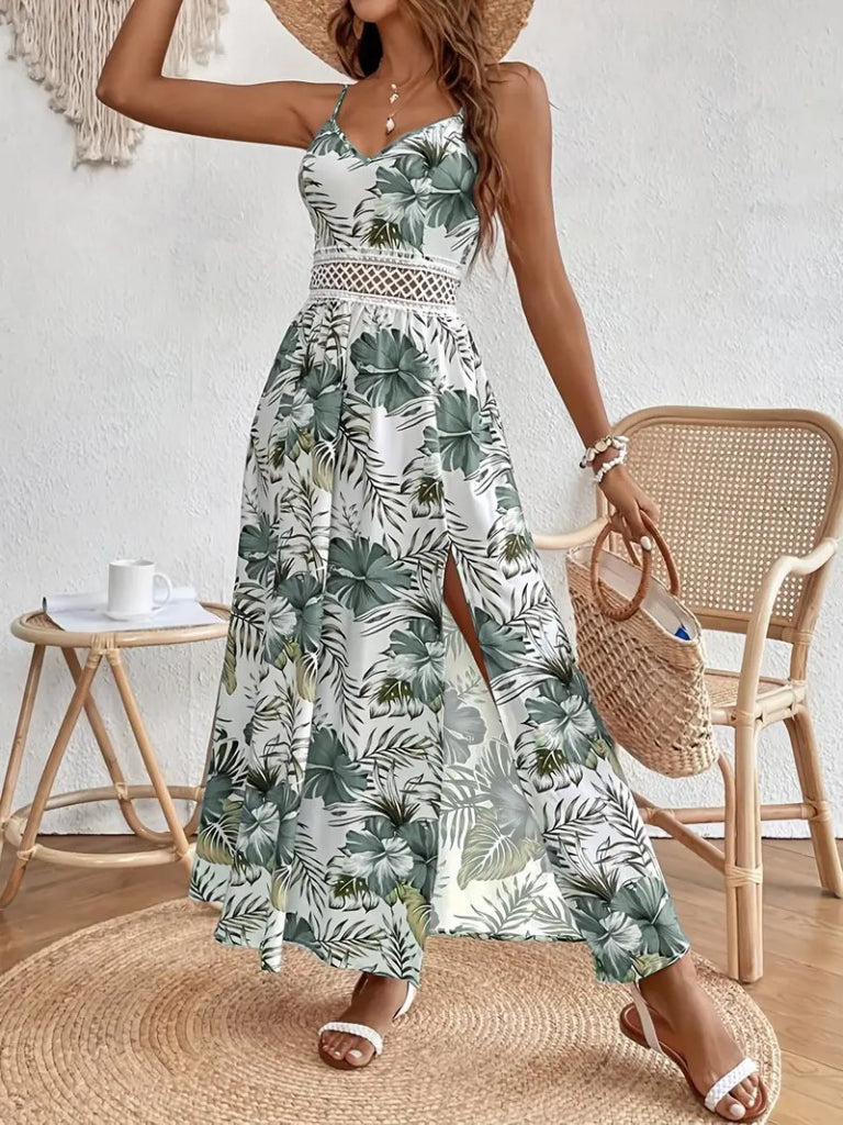 Rochie maxi din jerseu, pentru femei, cu bretele subțiri, decolteu în V, talie cu dantelă, imprimeu floral și crăpătură laterală, 35585