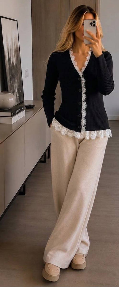 Cardigan din tricot moale cu decolteu în V, broderie din dantelă și nasturi - Negru