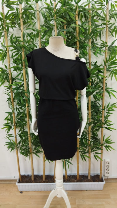 Rochie din crep cu mânecă scurtă, o singură bretela, detalii cu accesoriu, talie cu elastic, 36532
