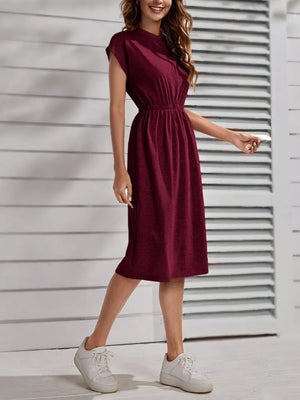 Rochie midi din viscoză cu mânecă scurtă și guler rotund pentru femei, cu talie elastică, 33927