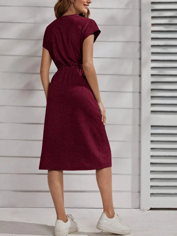 Rochie midi din viscoză cu mânecă scurtă și guler rotund pentru femei, cu talie elastică, 33927