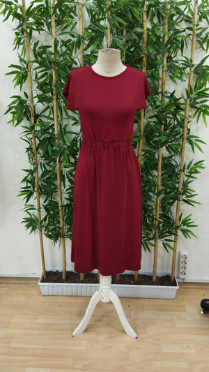 Rochie midi din viscoză cu mânecă scurtă și guler rotund pentru femei, cu talie elastică, 33927