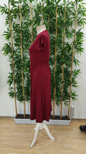 Rochie midi din viscoză cu mânecă scurtă și guler rotund pentru femei, cu talie elastică, 33927