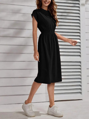 Rochie midi din viscoză cu mânecă scurtă și guler rotund pentru femei, cu talie elastică, 33928