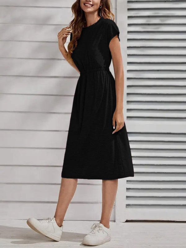 Rochie midi din viscoză cu mânecă scurtă și guler rotund pentru femei, cu talie elastică, 33928