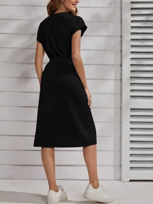 Rochie midi din viscoză cu mânecă scurtă și guler rotund pentru femei, cu talie elastică, 33928