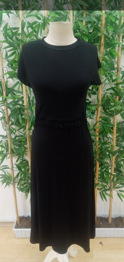 Rochie midi din viscoză cu mânecă scurtă și guler rotund pentru femei, cu talie elastică, 33928