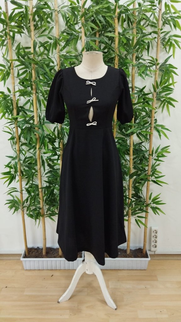 Rochie midi din crep kiloș importat cu mâneci scurte și detaliu cu panglică picătură, 24146