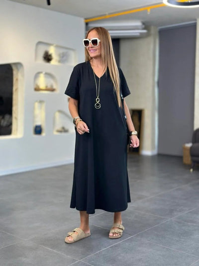 Rochie lungă cu două fire, cu mânecă scurtă, de damă, cu decolteu în V și detalii buzunare, din viscoză, 24160