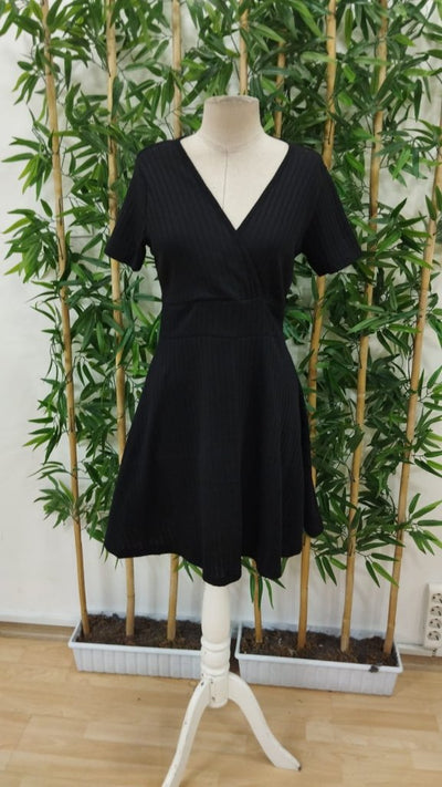 Women's Short Sleeve Wrap V-Neck A-Line Thick Ribbed Kashkorse Dress, 33418