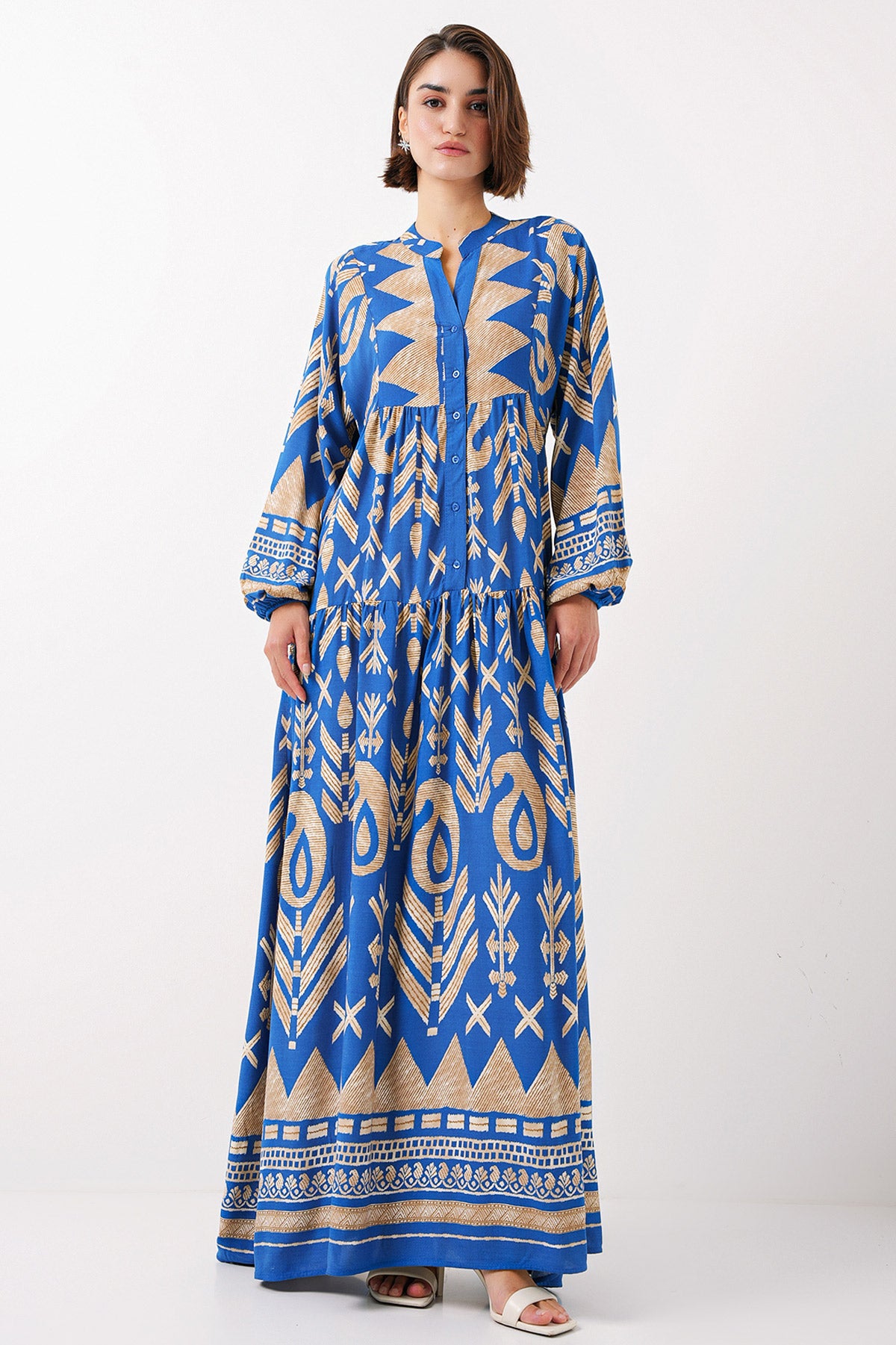 2423 Otantik Desenli Tesettür Elbise - F.Mavi
