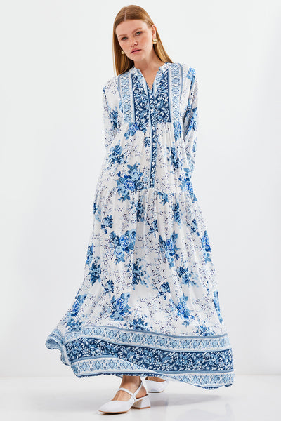 Rochie Musulmană Damă, Vâscoză, Albastră cu Alb, 2423