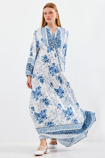 Rochie Musulmană Damă, Vâscoză, Albastră cu Alb, 2423