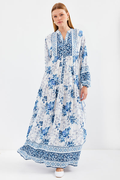 Rochie Musulmană Damă, Vâscoză, Albastră cu Alb, 2423