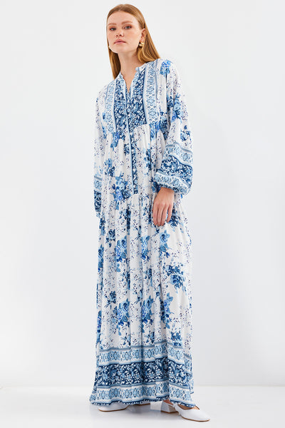 Rochie Musulmană Damă, Vâscoză, Albastră cu Alb, 2423
