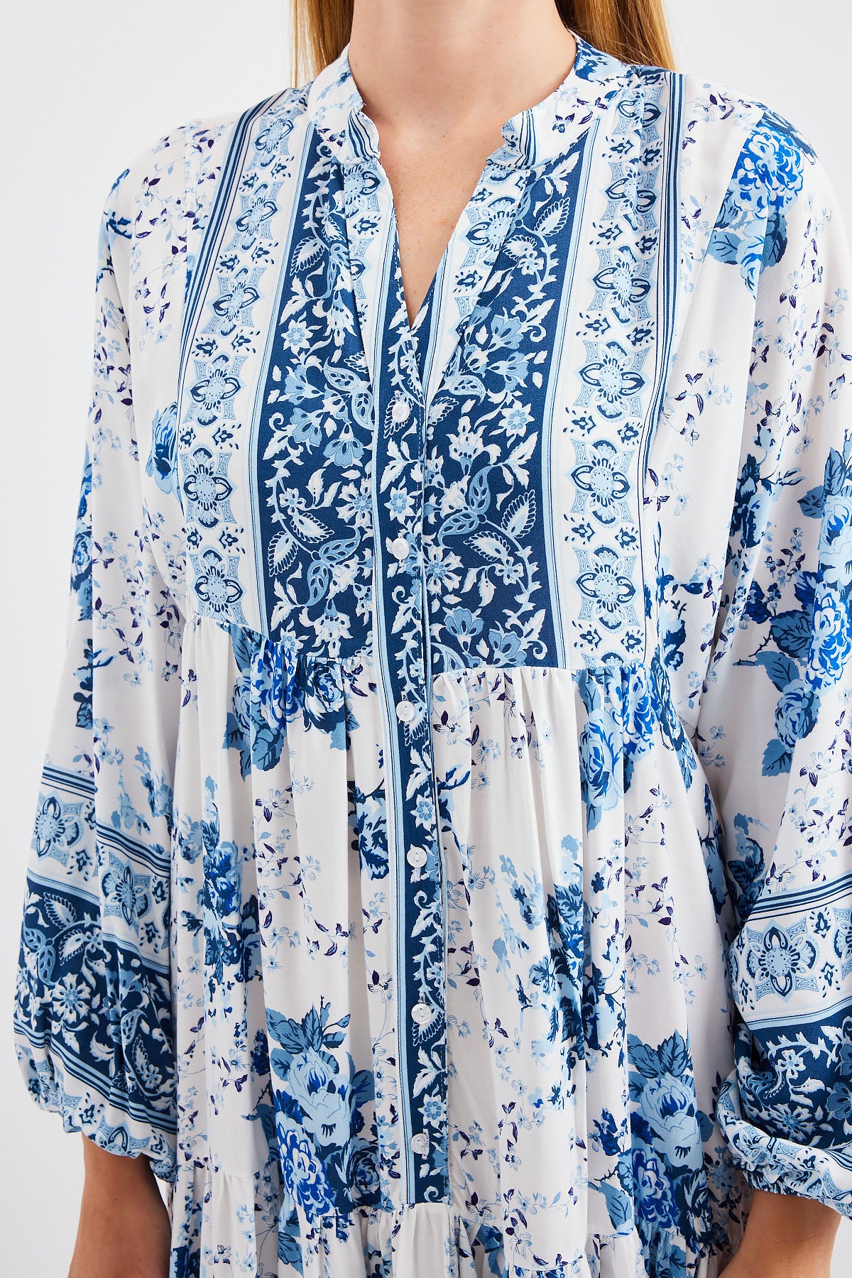 Rochie Musulmană Damă, Vâscoză, Albastră cu Alb, 2423
