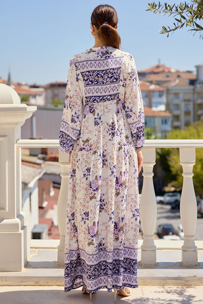 2423 Otantik Desenli Tesettür Elbise - Mor