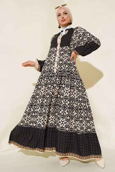 Rochie Femei Voal Negru cu Model Crem 2423