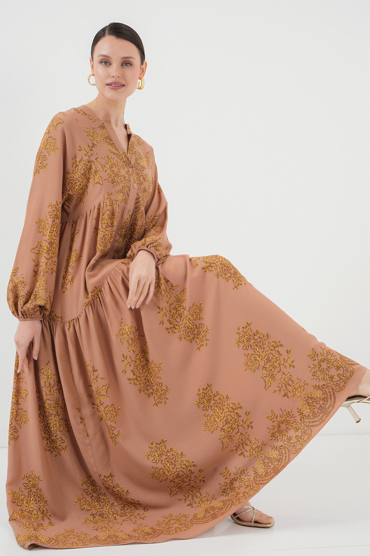 Rochie Tesettür cu Motiv Vizon Aur 2423