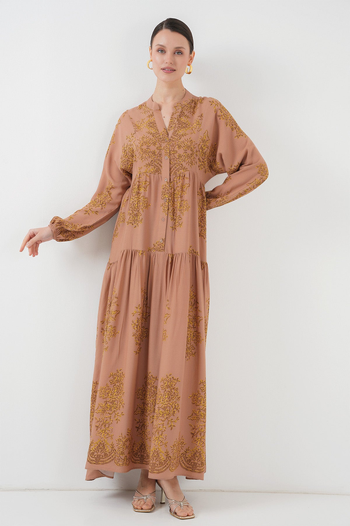 Rochie Tesettür cu Motiv Vizon Aur 2423