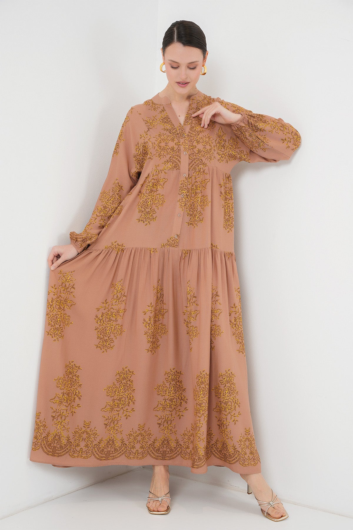 Rochie Tesettür cu Motiv Vizon Aur 2423