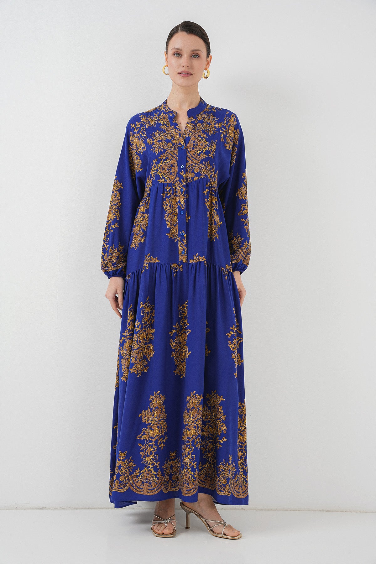 Saks Gold Desenli Tesettür Elbise 2423
