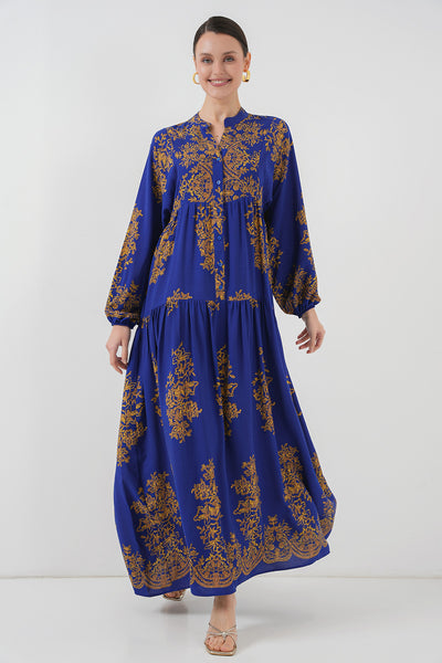 Saks Gold Desenli Tesettür Elbise 2423