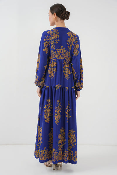 Saks Gold Desenli Tesettür Elbise 2423