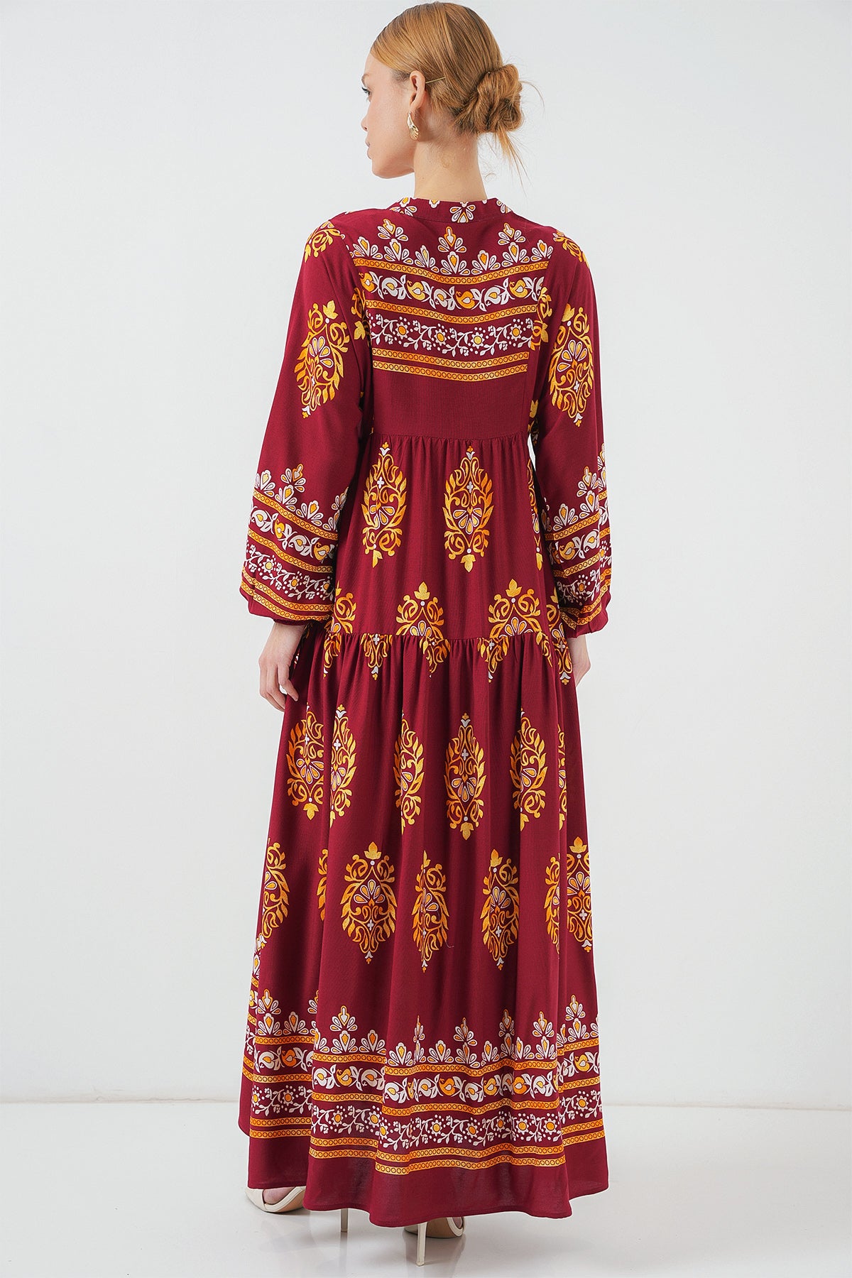2423 Otantik Desenli Tesettür Elbise - E. Bordo