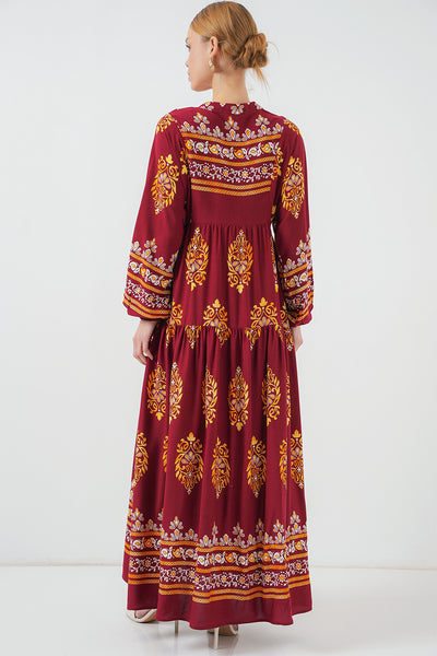2423 Otantik Desenli Tesettür Elbise - E. Bordo