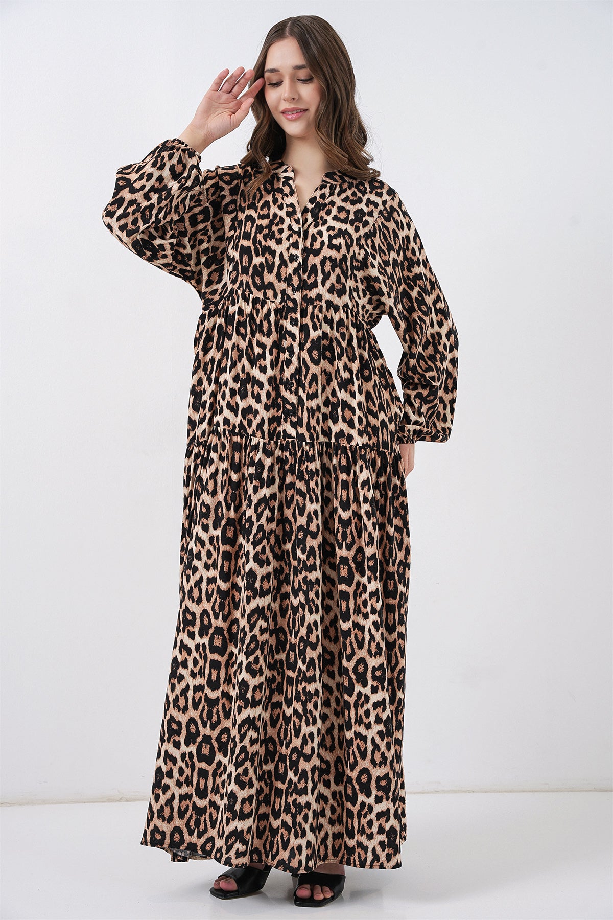 2423 Rochie Modestă cu Model Autentic - Maro Deschis