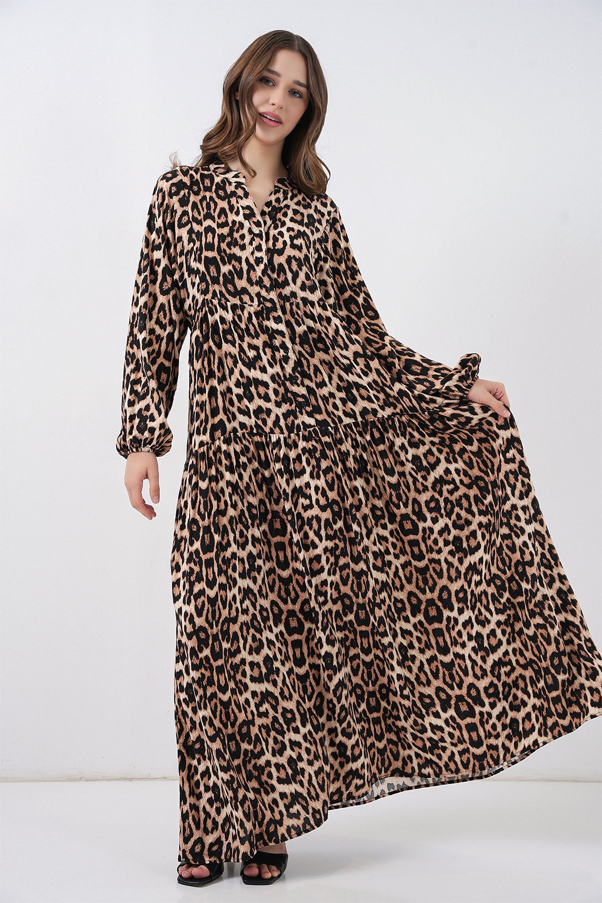 2423 Rochie Modestă cu Model Autentic - Maro Deschis