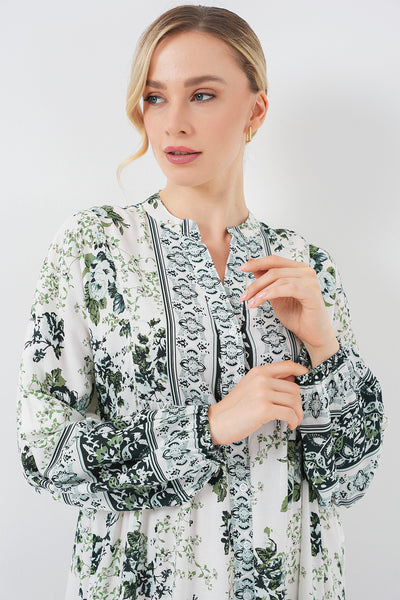 Rochie din viscoză modestă pentru femei, verde, alb și bleumarin 2423