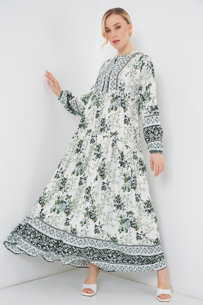 Rochie din viscoză modestă pentru femei, verde, alb și bleumarin 2423