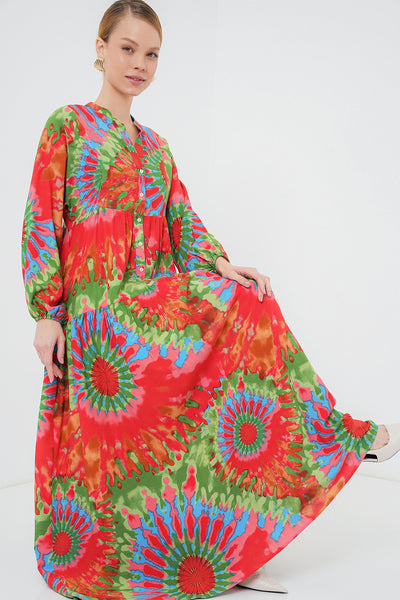 2423 Rochie modestă cu model autentic - Roșu L.