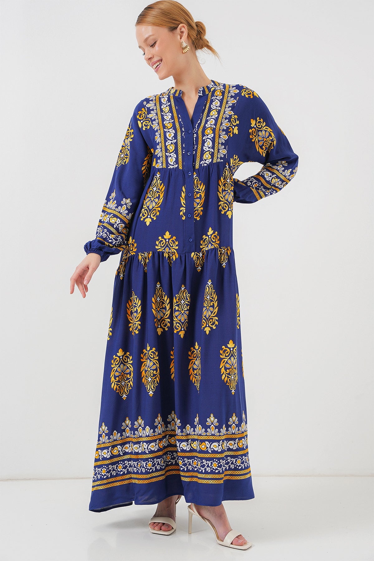 2423 Rochie de modestie cu model etnic - Albastru 6