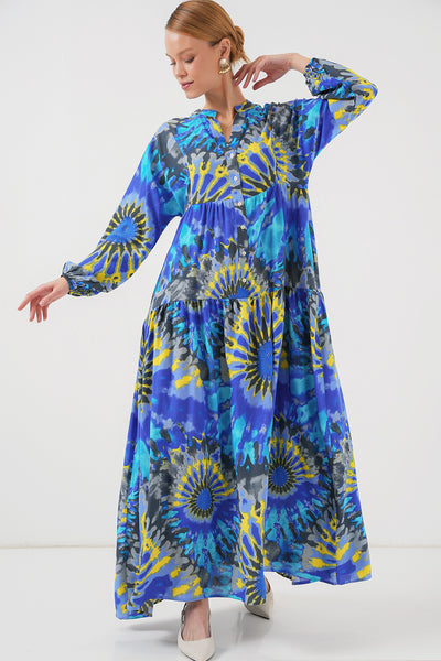 2423 Rochie de modestie cu model etnic - Sax deschis